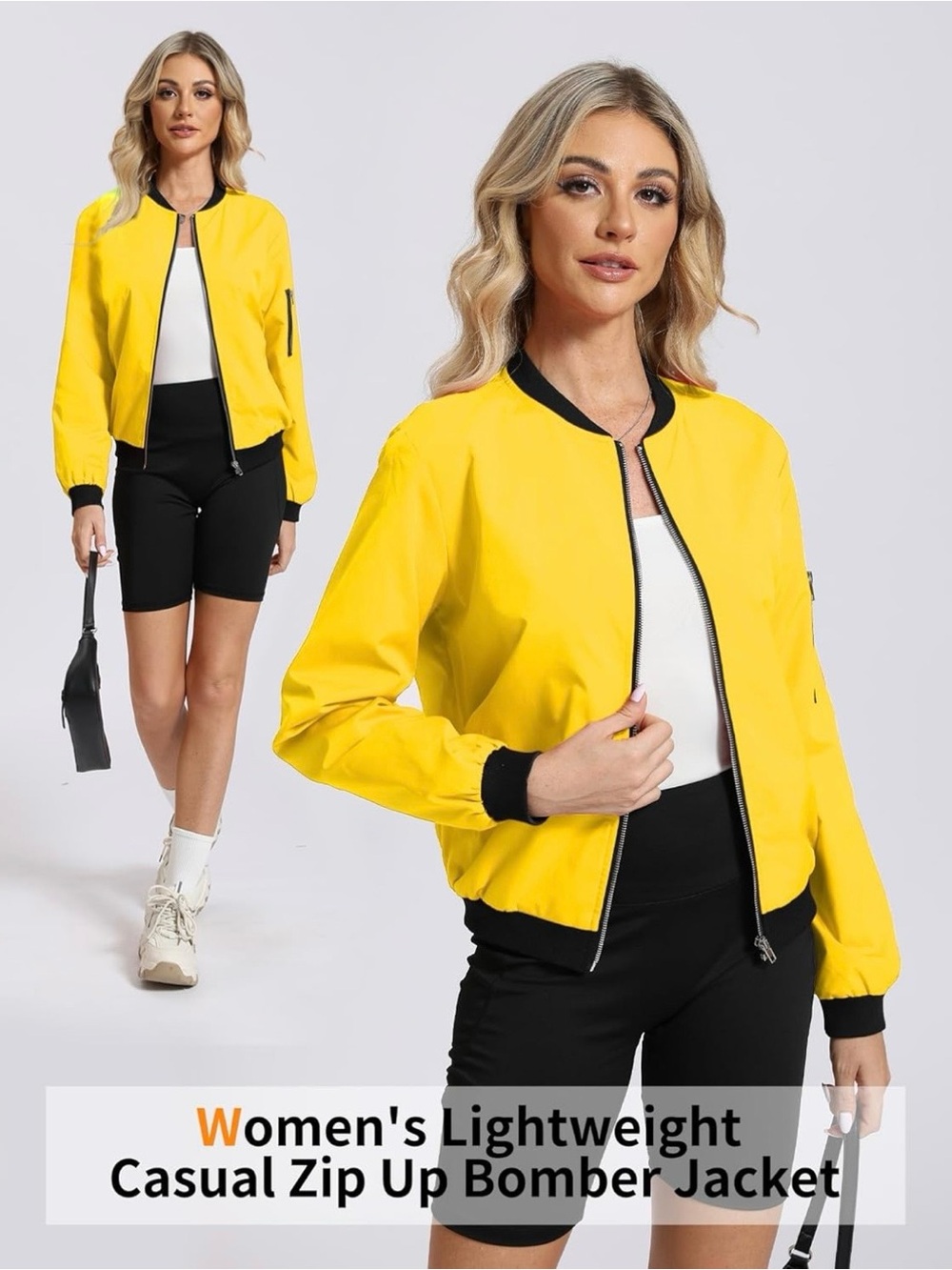 Yellow Women's Lightweight Casual Zip-Up Bomber Jacket